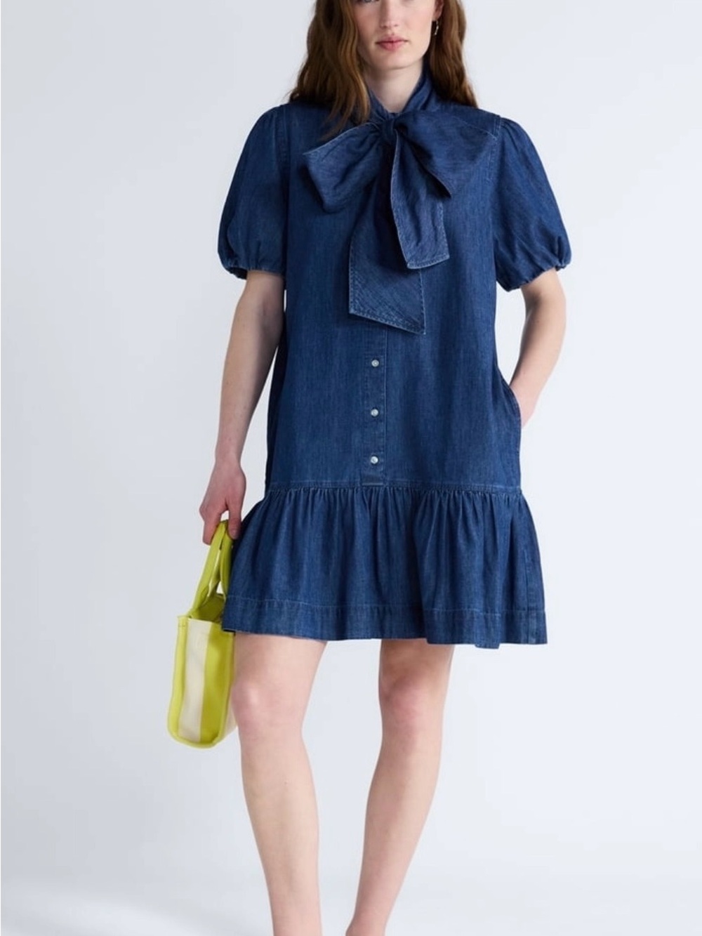 Puff-Sleeve Denim Mini Dress with Bow in Dark Blue